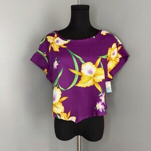 Vintage Hawaiian Print Tie Back Top Purple Yellow Orchids Womens M Beach Summer
